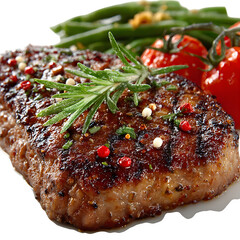 a close-up of a perfectly grilled steak with herbs and vegetables on the side, isolated on a white background.