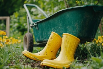Gardening tools, including yellow rubber boots and a green wheelbarrow, rest in a garden setting, suggesting a break from outdoor chores
