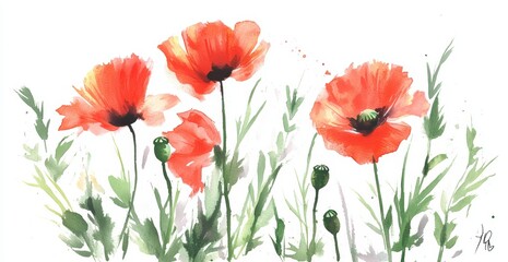 Vibrant Watercolor Red Poppies Painting