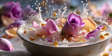 Purple rose and petals splashing in milk bowl, spa concept