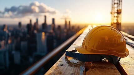 timber platform at sunrise with yellow helmet and architectural renderings, city skyline glowing subtly in distance, strong thematic emphasis on growth, urban progress, and technical execution