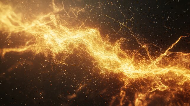 Energetic golden stream flowing through a dark space, abstract rendering