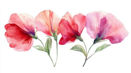 Watercolor Painting of Pink and Red Blossoms on White