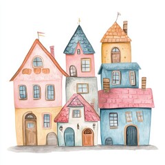 Whimsical Colorful Stacked Houses Watercolor Painting