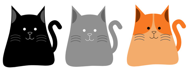 Black, gray, orange kitten icon. Cat set line. Cute face head. Cute cartoon character. Kawaii animal. Smiling. Love card banner. Flat design Isolated white background Vector