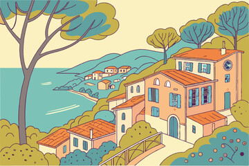 110 colorful whimsical Mediterranean town, vibrant houses, rolling hills, Mediterranean architecture, turquoise water, fluffy trees, playful and imaginative, digital art, 8k