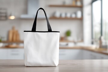 A white blank tote bag with black trim, sitting on the floor of an open kichen room with some accessories