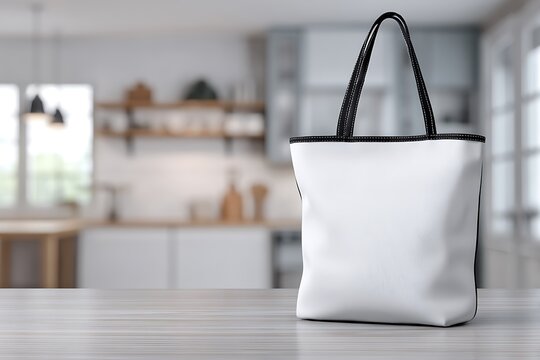 A white blank tote bag with black trim, sitting on the floor of an open kichen room with some accessories