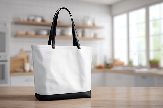 A white blank tote bag with black trim, sitting on the floor of an open kichen room with some accessories