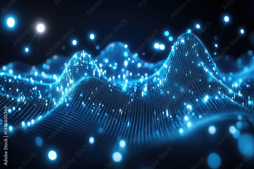 Poster abstract digital landscape of glowing data points forming undulating waves. complex network of inter