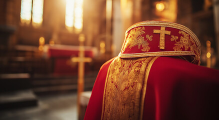 Catholic bishop's red vestments and mitre hat on the altar in an ancient church