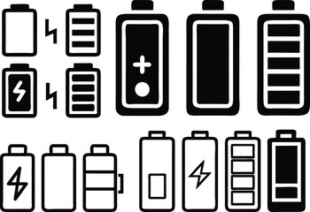 Battery Icons Pack. Power, Charging, Energy Level Symbol Vector Set.