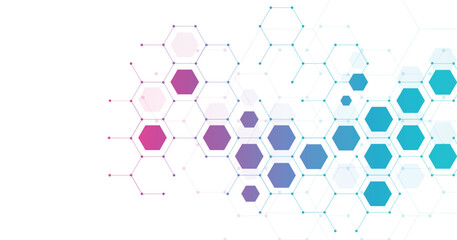 Vector hexagon gradient technology background. Abstract hexagons background with lines and dots. Design for science, medicine, or technology.	