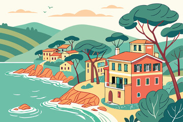 110 colorful whimsical Mediterranean town, vibrant houses, rolling hills, Mediterranean architecture, turquoise water, fluffy trees, playful and imaginative, digital art, 8k