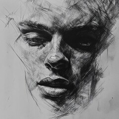 Obraz premium Intricate charcoal portrait of a pensive face