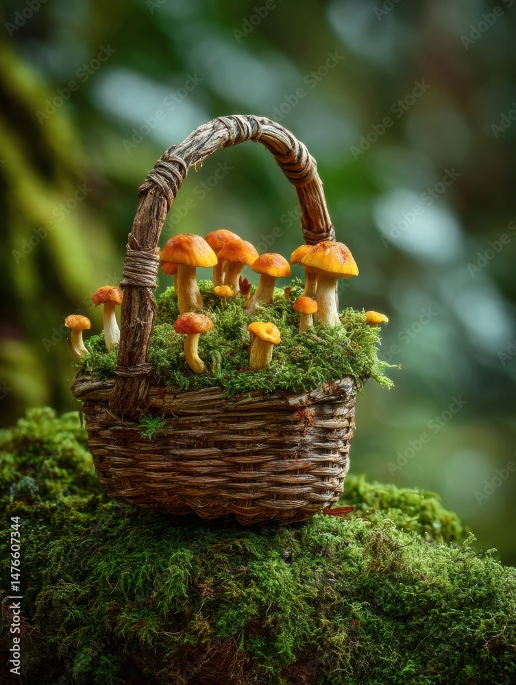 Poster mushrooms nestled in a basket surrounded by lush green moss in a tranquil forest setting