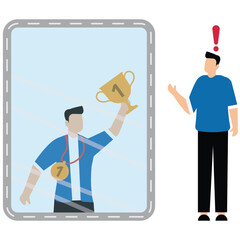 Businessman looking at his strong ideal self superhero reflection mirror.ambition and self confident concept. Dreamy person, self motivation, self esteem human