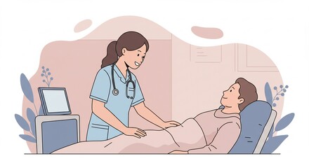 Nurse Comforting Patient Lying on Hospital Bed Illustration