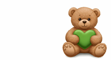 Cute teddy bear holding green heart for love and friendship theme
