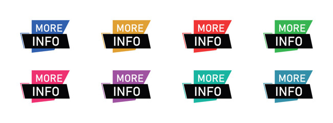 Obraz premium Colorful Geometric More Info Vector Button Collection in Flat Design for Web UI, Promotional Banners and Digital Interfaces