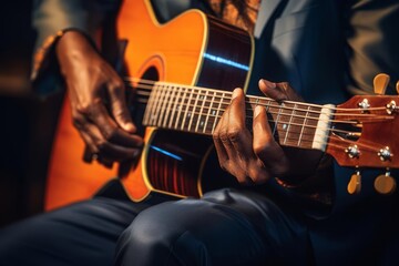 Fototapeta premium Close-up of a person playing an acoustic guitar. The guitar is orange and brown, with the musician's dark skin providing strong contrast.