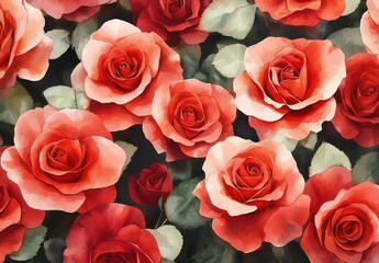 Obraz premium Watercolor Red Roses Close Up Floral Painting
