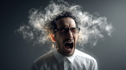 Fototapeta premium A man is screaming in a room with smoke and steam