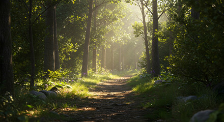 Naklejka premium Serene Forest Path with Soft Light Filtering Through Trees