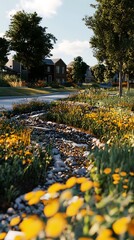 Obraz premium Serene landscape scenic view with flowing stream wildflowers residential area