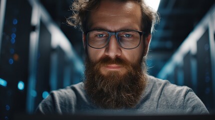 Bearded it professional wearing glasses, working diligently with network servers in a modern data center, monitoring server status and performance on his laptop amid advanced technology