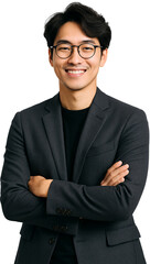 A young Asian businessman wearing glasses and a suit, smiling and standing with his arms crossed.