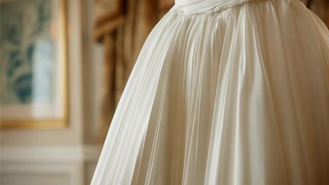 Elegant white wedding gown with draped bodice and full skirt, perfect for a traditional or modern bride preparing for her special day in formal wear.