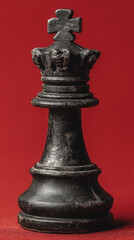 intricate black chess king piece close-up on rich red background
