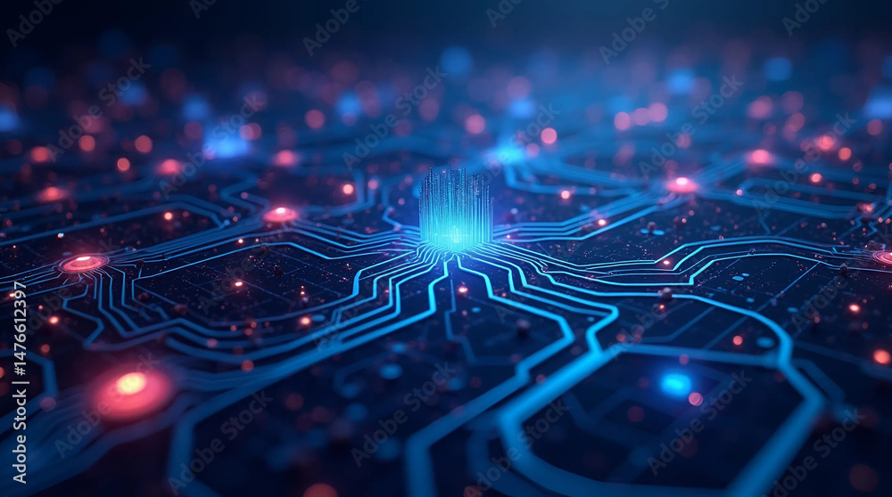 Poster Abstract futuristic electronic circuit board detail with glowing elements. Concept of high tech digital system and internet connection for computer science.