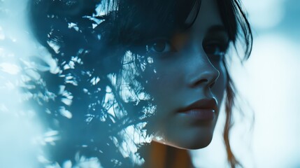 Fototapeta premium Ethereal portrait of a woman with botanical shadows, a soft surreal ambiance