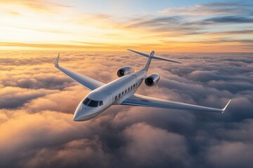 Obraz premium Luxurious private jet soaring above a breathtaking sunset