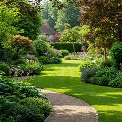 Lush garden with a curving path and vibrant green lawn. Trees, hedges, and flowers create a tranquil, verdant scene. A house peeks out in the distance.