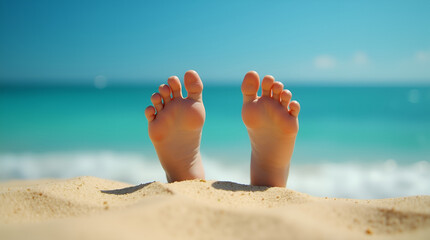 A kid's feet sticking out of the sand on the beach with the ocean in the background on vacation for summertime concept
