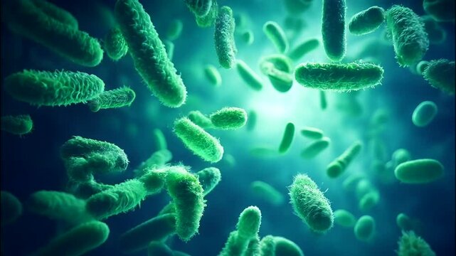 3D Animation of Microscopic View of Viruses, Bacteria, or Germs. Intestinal Flora, Oral Hygiene, Airborne Transmission Concept.