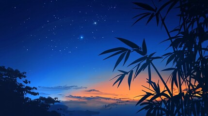 Fototapeta premium Calm Evening Sky with Silhouetted Bamboo and Starry Night Scene