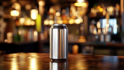 Sleek silver can on dark wood bar top, blurred bar background
