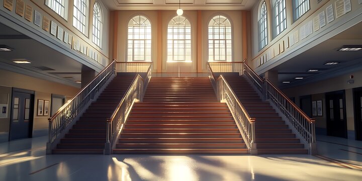 Grand Staircase Anime Art School Building Sunlight Interior Background Wallpaper