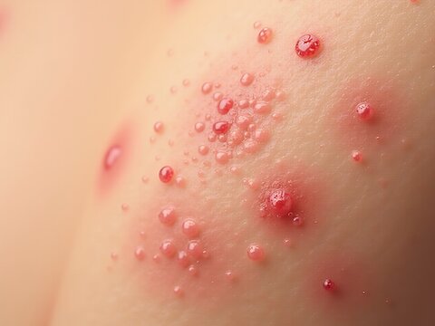 Skin rash blisters closeup showing red inflamed allergic reaction or viral infection bubbles on a sensitive human skin surface.