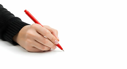 Hand with Red Pen Ready to Write on Clean White Background