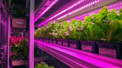 Indoor Vertical Farm with Rows of Leafy Greens under Purple LED Grow Lights