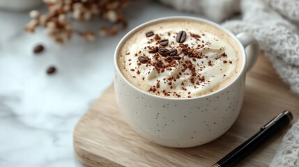 Warm, cozy coffee with whipped cream and cocoa topping.