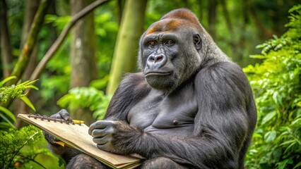 Obraz premium A western lowland gorilla sits calmly holding a pencil in its hand with a thoughtful expression on its face as it draws on a large piece of paper , nature, forest