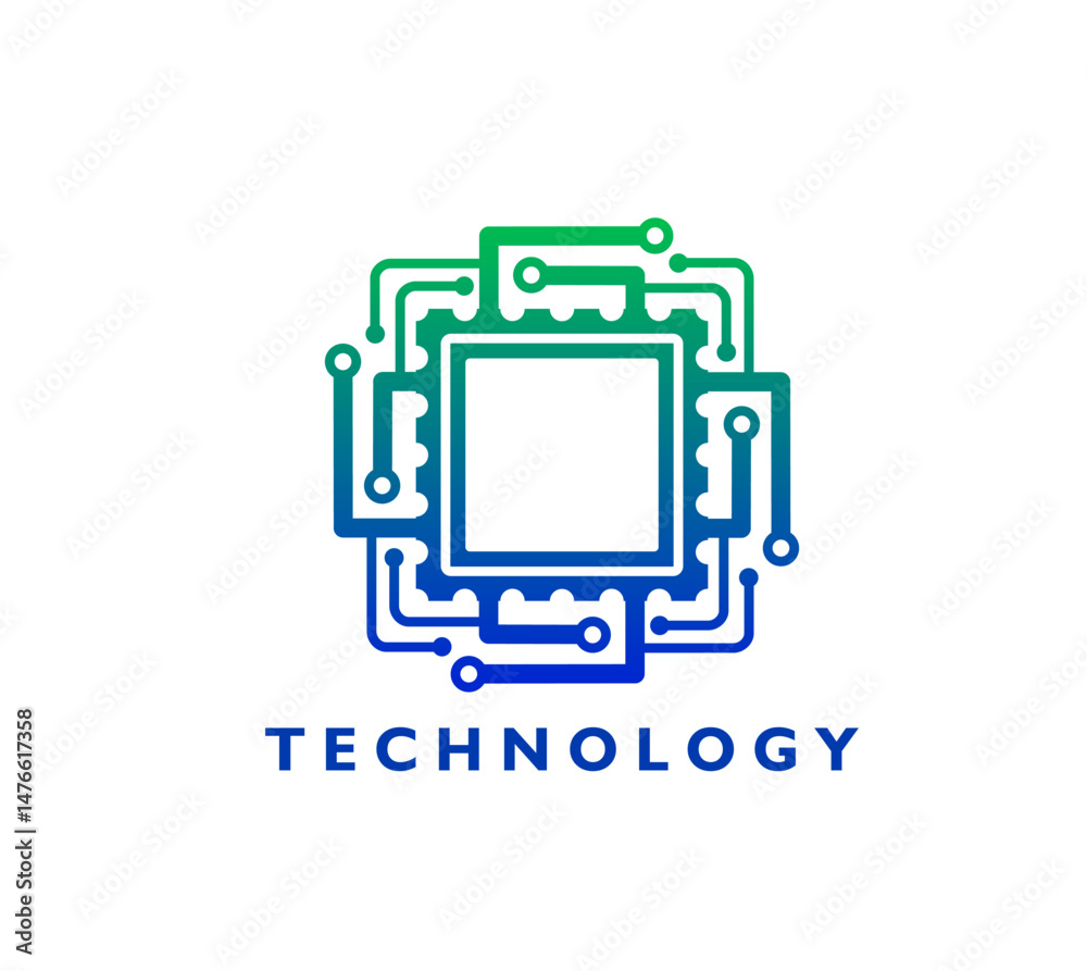 Poster Computer chip, AI science icon or emblem. PC hardware or GPU chip service vector emblem, AI technology startup icon. Artificial intelligence microchip sign or computer processor company symbol