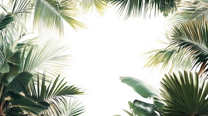 Exotic Tropical Leaves Frame Against Bright White Background, Botanical Beauty