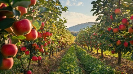 Abundant orchard with ripe apples under a clear sky.